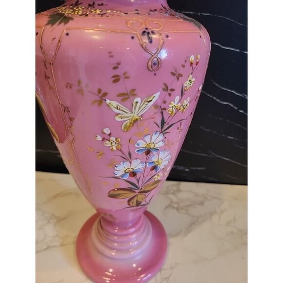Lg Antique Harrach Bohemian Czech Pink Opaline Overlay Vase Flowers & Bees 14” - Picture 8 of 16